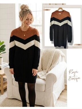 🌿Chic Striped Chevron Knit Sweater Dress- For Girls & Perfect Life,Fits Med-XXL